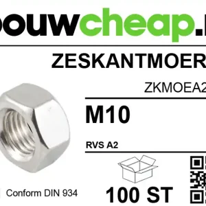 Zeskantmoer RVS M10 DIN934 (100 ST.)