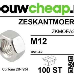 Zeskantmoer RVS M12 DIN934 (100 ST.)