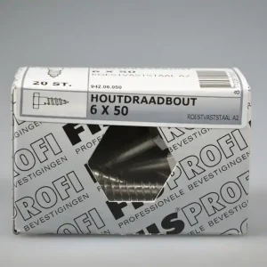 FIS PROFI houtdraadbout 6x50 6-kantkop SW-10 DIN571 rvs A2 AISI304 ds 20 st