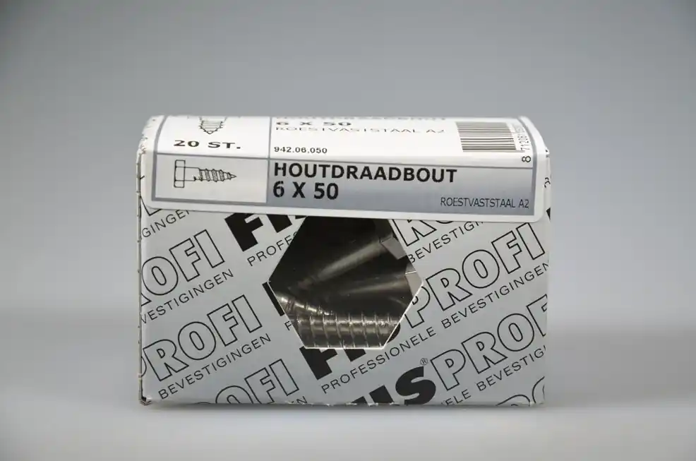 FIS PROFI houtdraadbout 6x50 6-kantkop SW-10 DIN571 rvs A2 AISI304 ds 20 st
