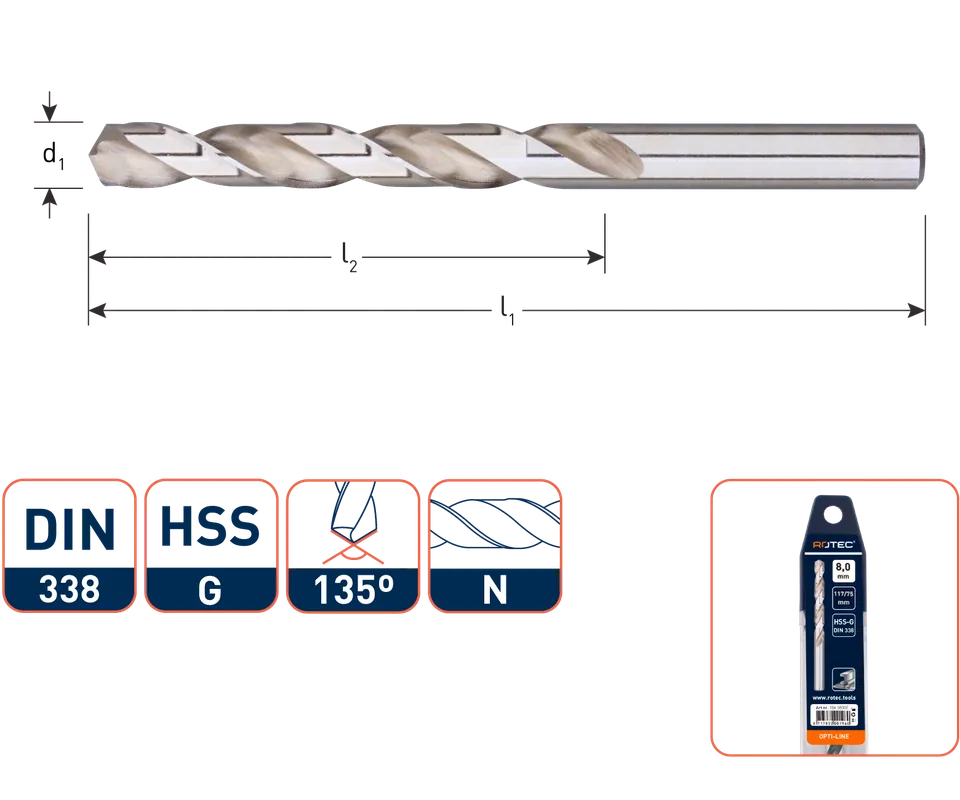 HSS-G SPIRAALBOOR, DIN338, TYPE N, OPTI-LINE, ø4,5