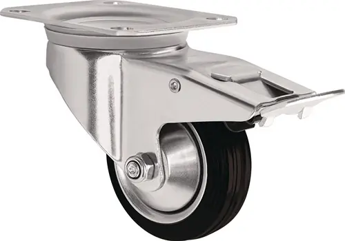 ZWENKWIEL WIEL D. 125MM DRAAGVERMOGEN 100KG MET TOTALE REM VAN MASSIEF RUBBER