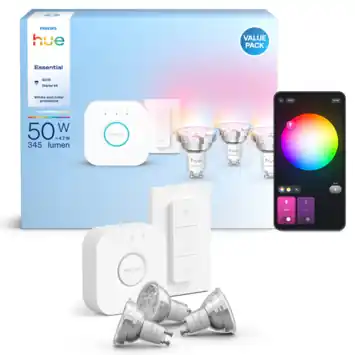 Philips Hue Essential starterkit - wit en gekleurd 3W - 3 GU10 spots met bridge en dimswitch