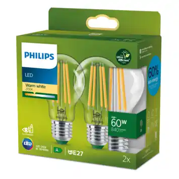 Philips Ultra Efficient LED peer E27 60 W 2700K 2-pack